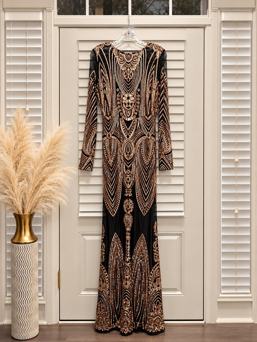 Fashion Nova Black Evening Gown with Gold Sequin Embellishment